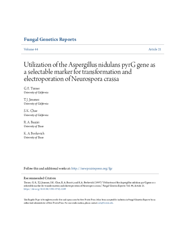 (PDF) Utilization of the Aspergillus nidulans pyrG gene as a selectable ...