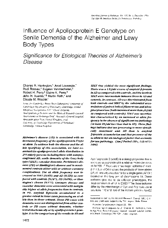 (PDF) Influence of apolipoprotein E genotype on senile dementia of the ...