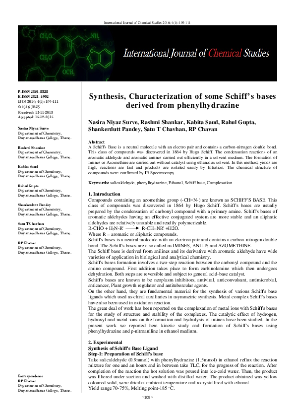 (PDF) Synthesis, Characterization of some Schiff’s bases derived from ...