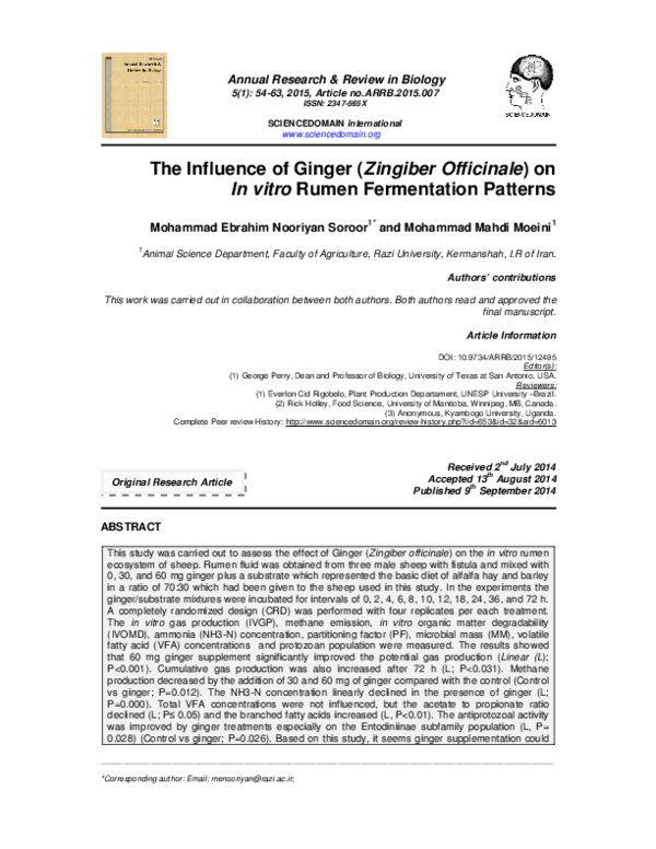 (PDF) The Influence of Ginger (Zingiber Officinale) on In vitro Rumen ...