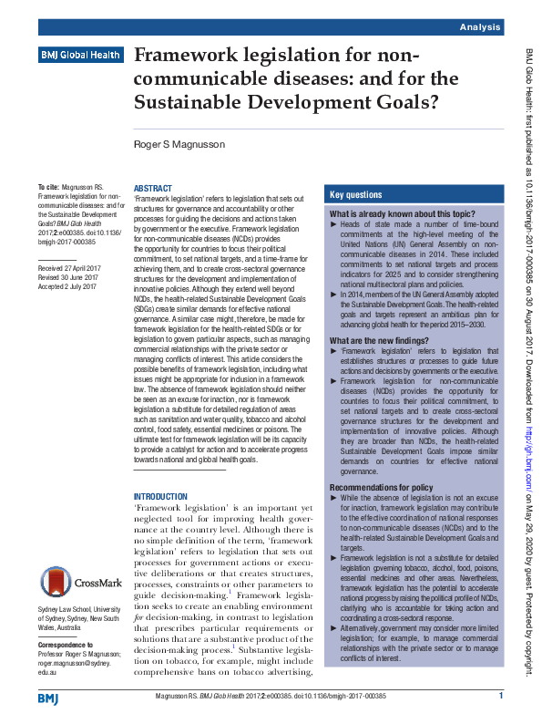(PDF) Framework legislation for non-communicable diseases: and for the ...
