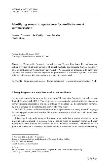 (PDF) Identifying semantic equivalence for multi-document summarisation