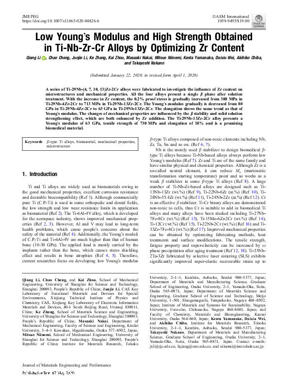 (PDF) Low Young’s Modulus and High Strength Obtained in Ti-Nb-Zr-Cr ...