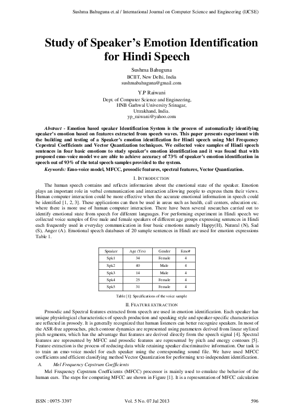 (PDF) Study of Speaker’s Emotion Identification for Hindi Speech