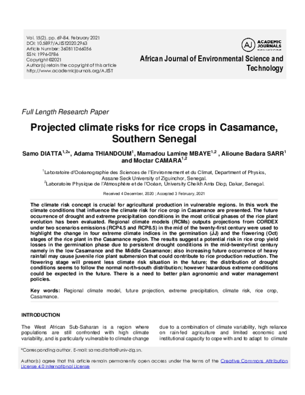 (PDF) Projected climate risks for rice crops in Casamance, Southern Senegal