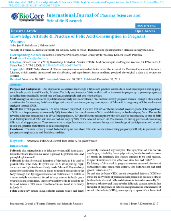 (PDF) Knowledge Attitude & Practice of Folic Acid Consumption in ...