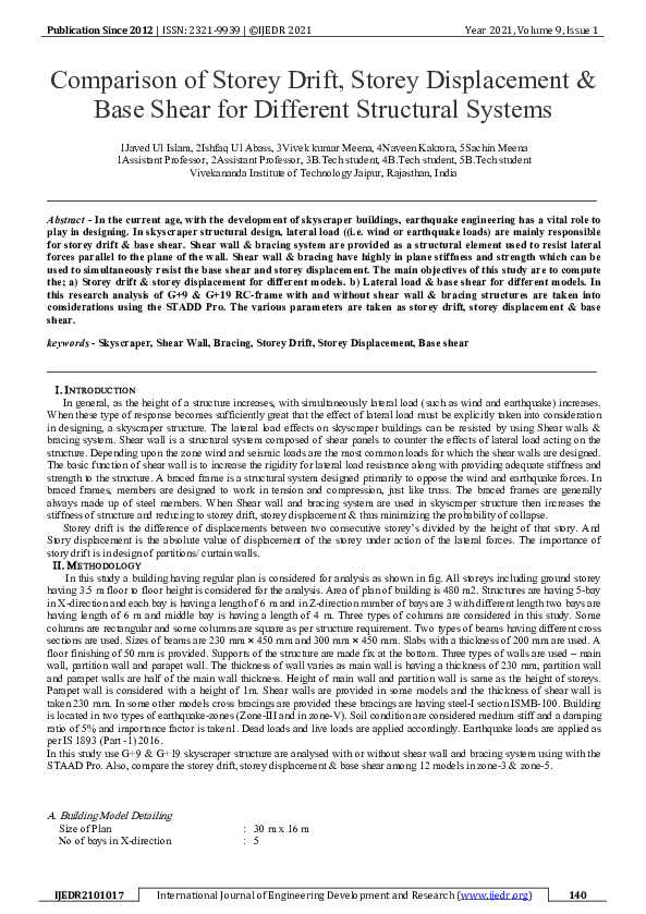 (PDF) Comparison of Storey Drift, Storey Displacement & Base Shear for ...