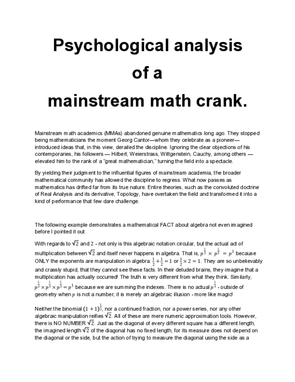 (PDF) Psychological analysis of a mainstream math crank.