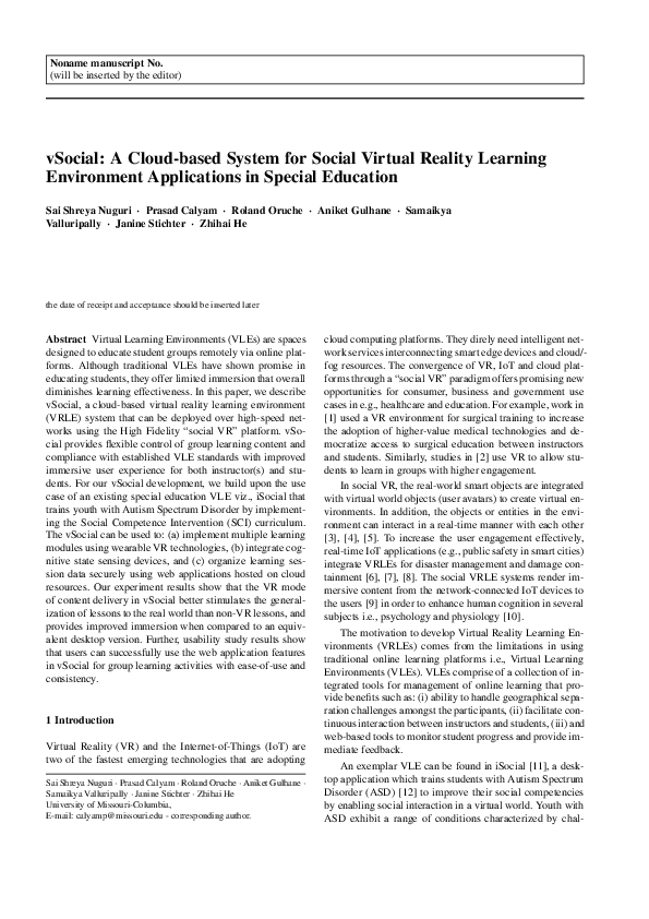 (PDF) vSocial: a cloud-based system for social virtual reality learning ...