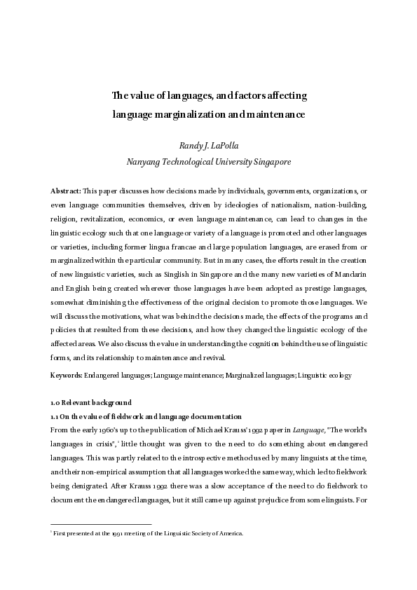 (PDF) The value of languages, and factors affecting language ...