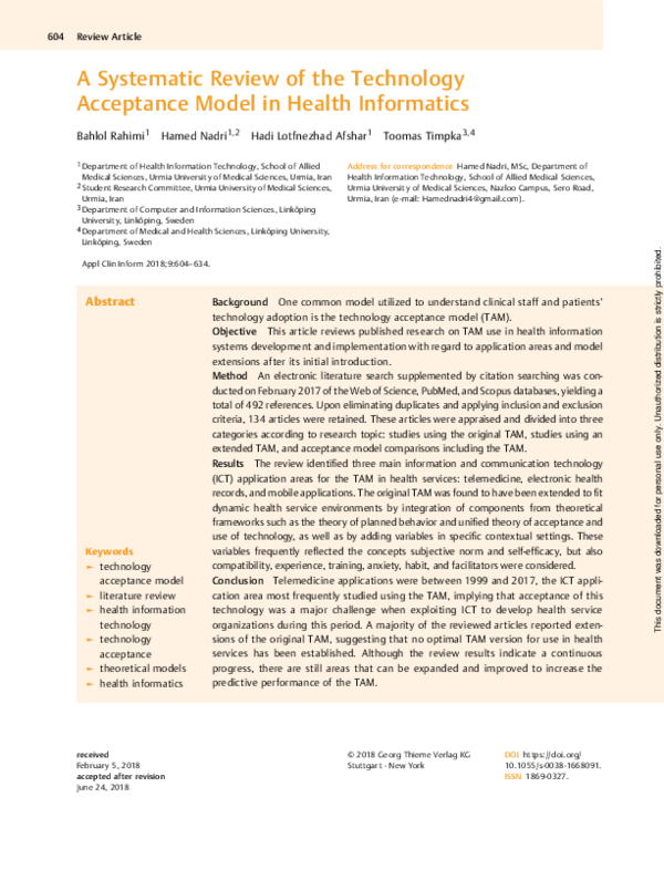 (PDF) A Systematic Review of the Technology Acceptance Model in Health ...