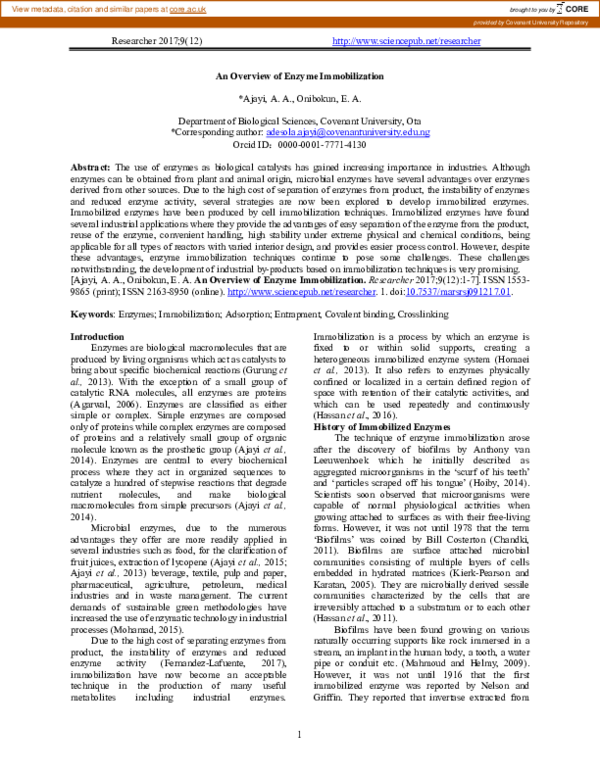 (PDF) An Overview of Enzyme Immobilization