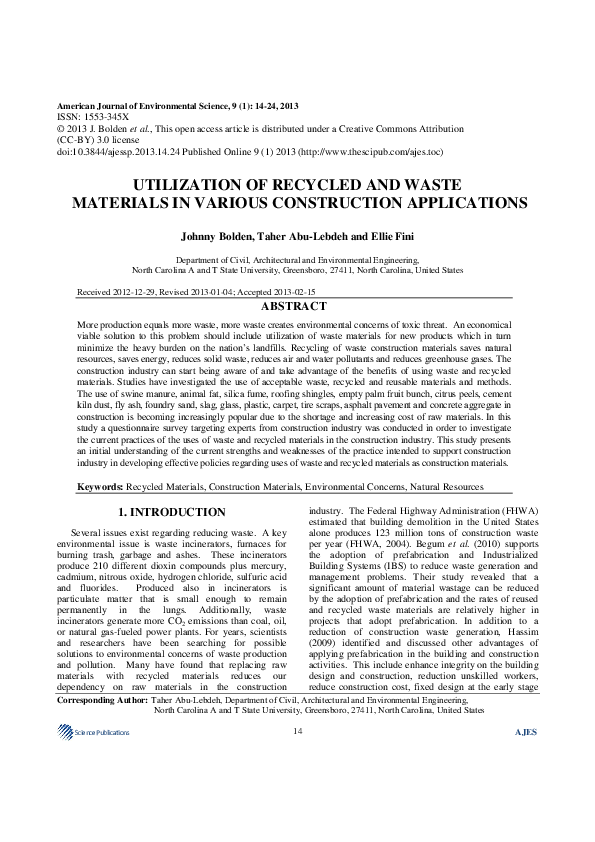 (PDF) Utilization of Recycled and Waste Materials in Various ...