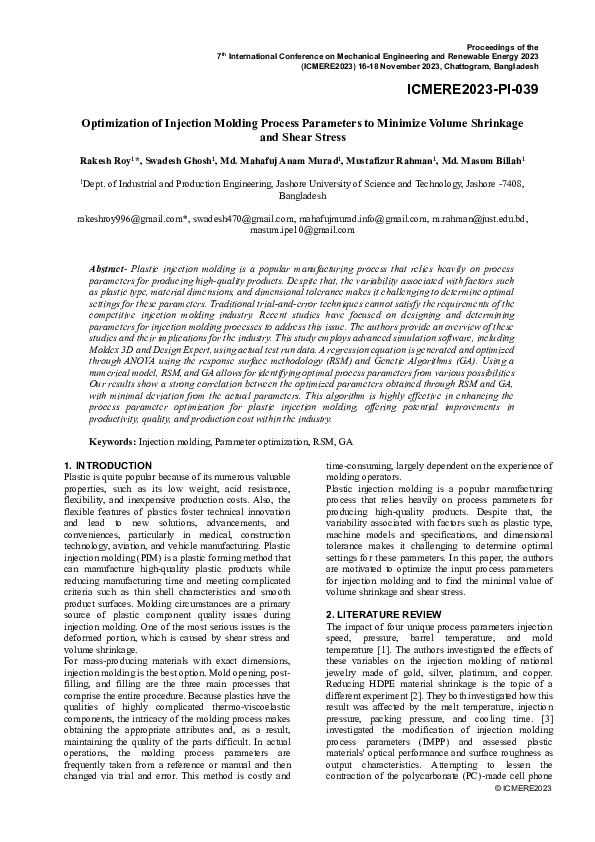 (PDF) Optimization of Injection Molding Process Parameters to Minimize ...