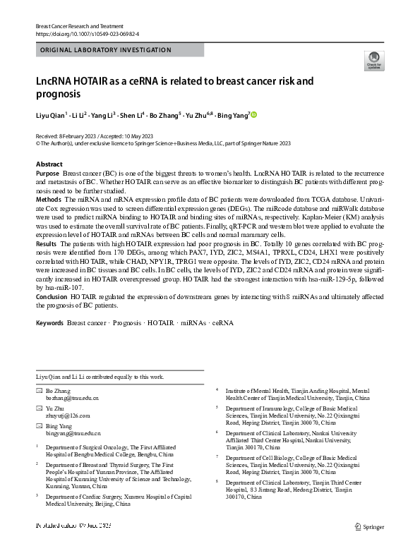 (PDF) LncRNA HOTAIR as a ceRNA is related to breast cancer risk and ...