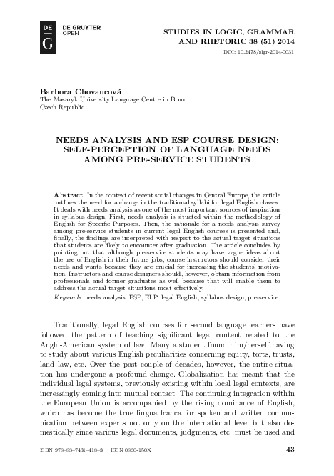 (PDF) Needs Analysis and Esp Course Design: Self-Perception of Language ...
