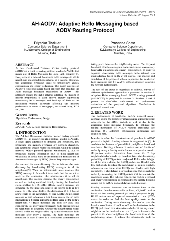(PDF) AH-AODV: Adaptive Hello Messaging based AODV Routing Protocol
