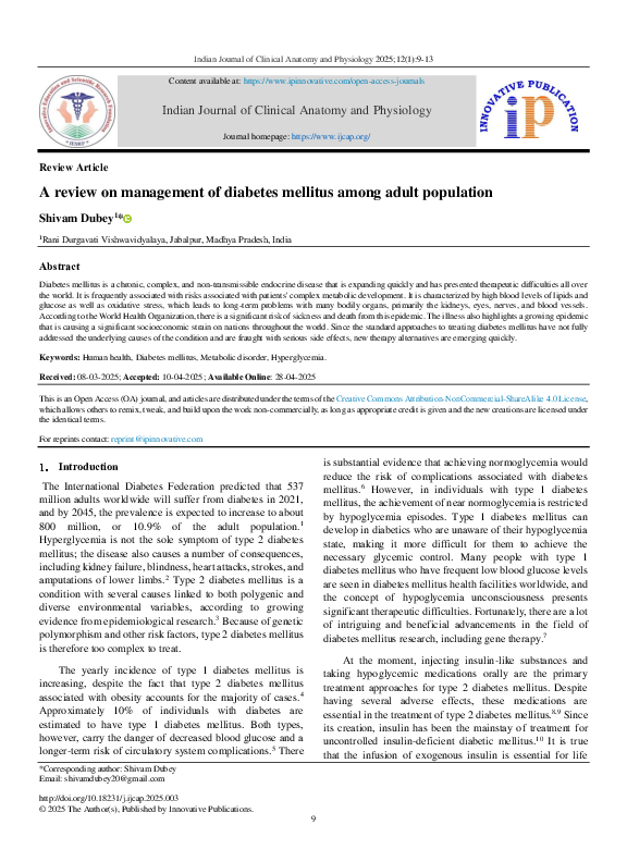 (PDF) A review on management of diabetes mellitus among adult population