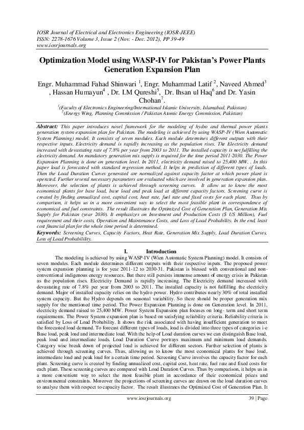 (PDF) Optimization Model using WASP-IV for Pakistan’s Power Plants ...