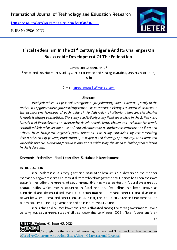 (PDF) Fiscal Federalism In The 21 st Century Nigeria And Its Challenges ...