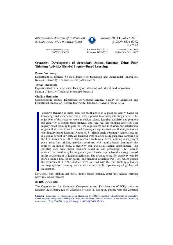 (PDF) Creativity Development of Secondary School Students Using Four ...