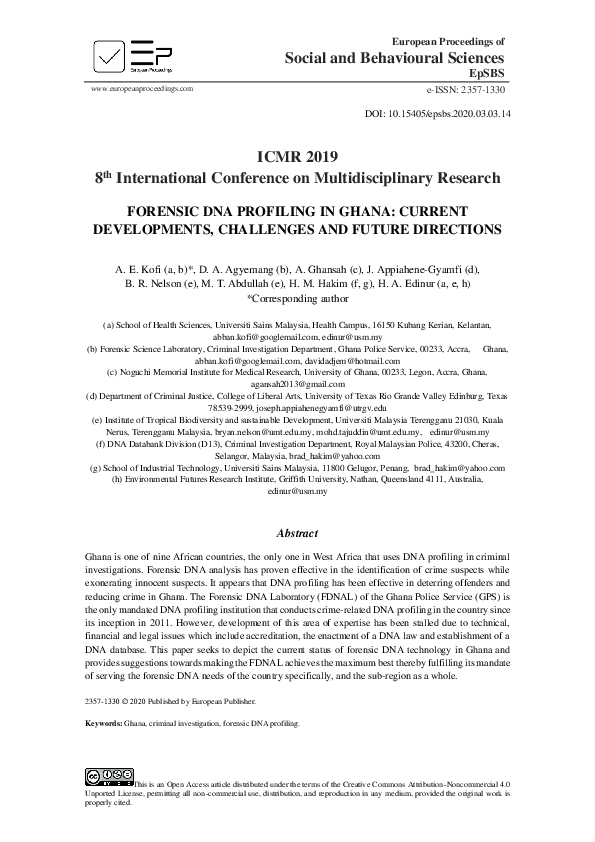 (PDF) Forensic Dna Profiling In Ghana: Current Developments, Challenges ...
