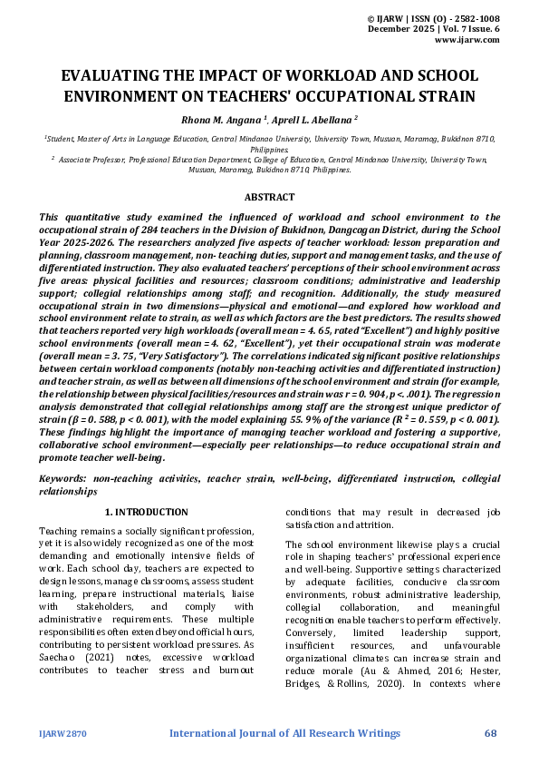 (PDF) EVALUATING THE IMPACT OF WORKLOAD AND SCHOOL ENVIRONMENT ON ...