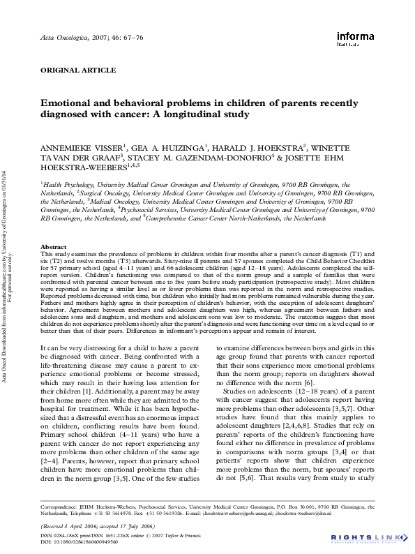 (PDF) Emotional and behavioral problems in children of parents recently ...