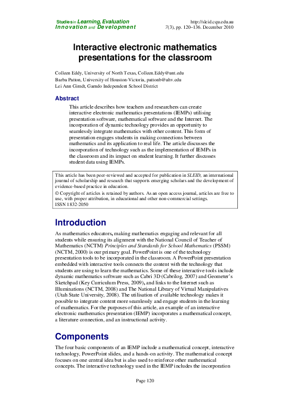 (PDF) Interactive electronic mathematics presentations for the classroom
