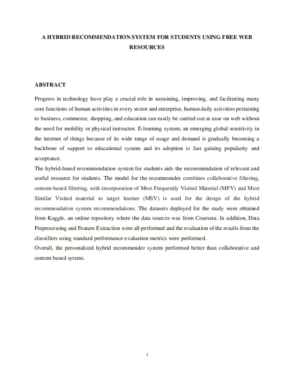 (PDF) A HYBRID RECOMMENDATION SYSTEM FOR STUDENTS USING FREE WEB RESOURCES
