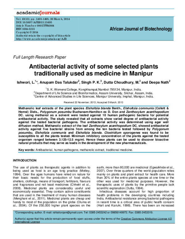 (PDF) Antibacterial activity of some selected plants traditionally used ...