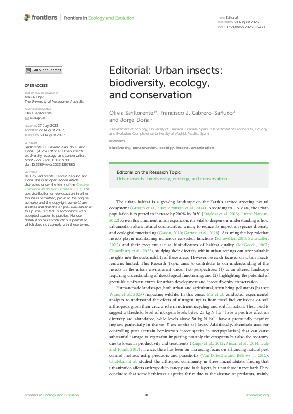 (PDF) Editorial: Urban insects: biodiversity, ecology, and conservation