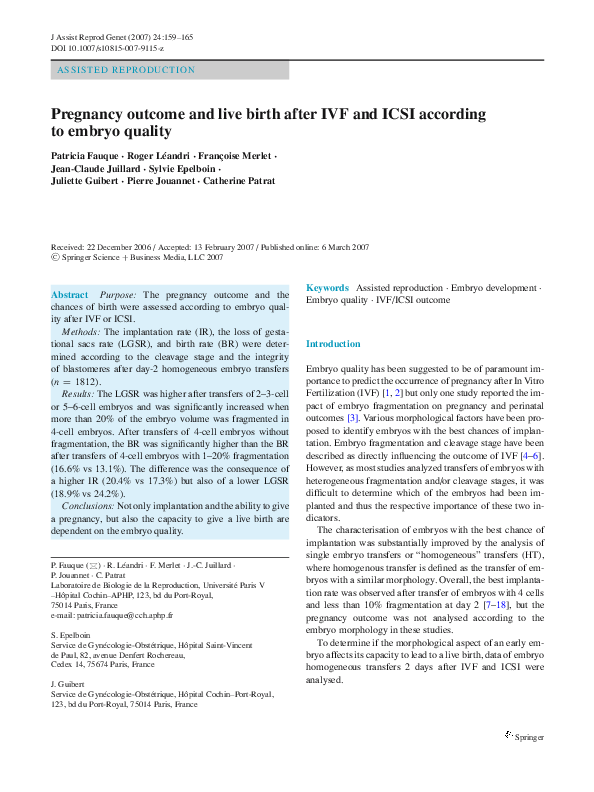(PDF) Pregnancy outcome and live birth after IVF and ICSI according to ...