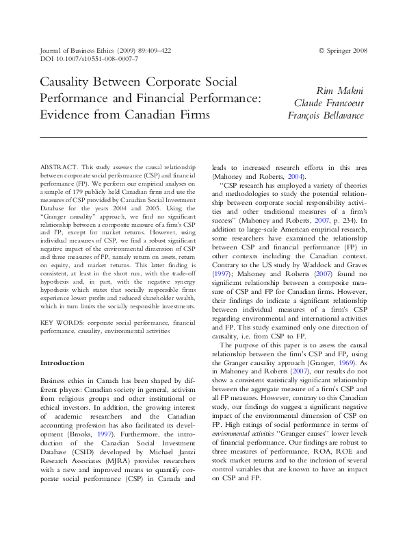 (PDF) Causality Between Corporate Social Performance and Financial ...