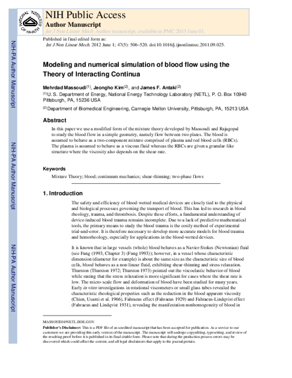 (PDF) Modeling and numerical simulation of blood flow using the Theory ...