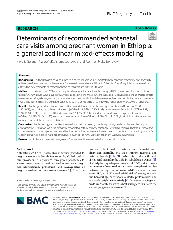 (PDF) Determinants of recommended antenatal care visits among pregnant ...