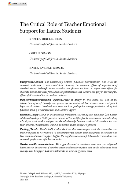 (PDF) The Critical Role of Teacher Emotional Support for Latinx Students