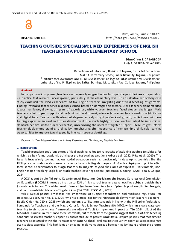 (PDF) Teaching Outside Specialism: Lived Experiences of English ...