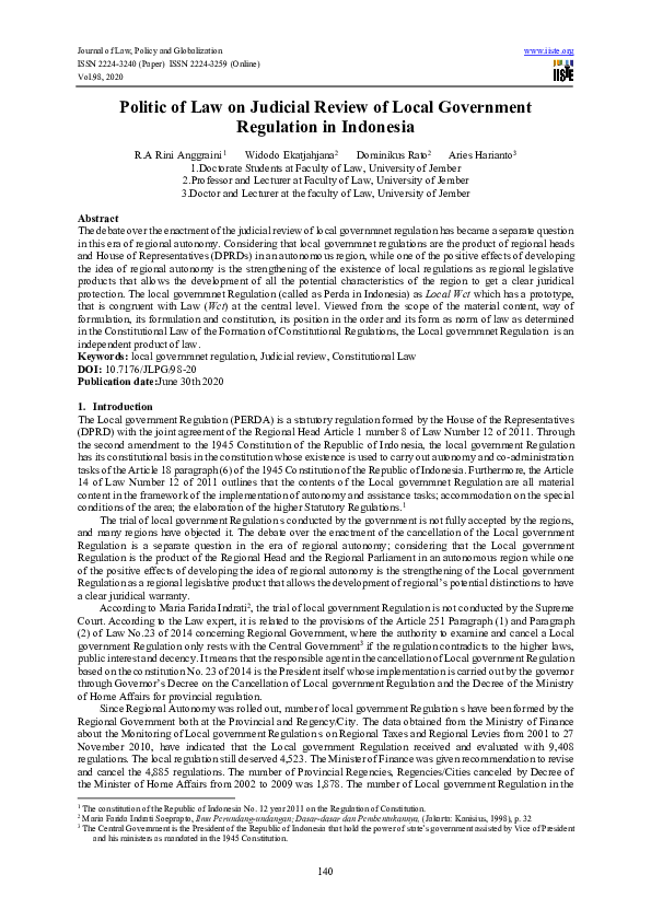(PDF) Politic of Law on Judicial Review of Local Government Regulation ...
