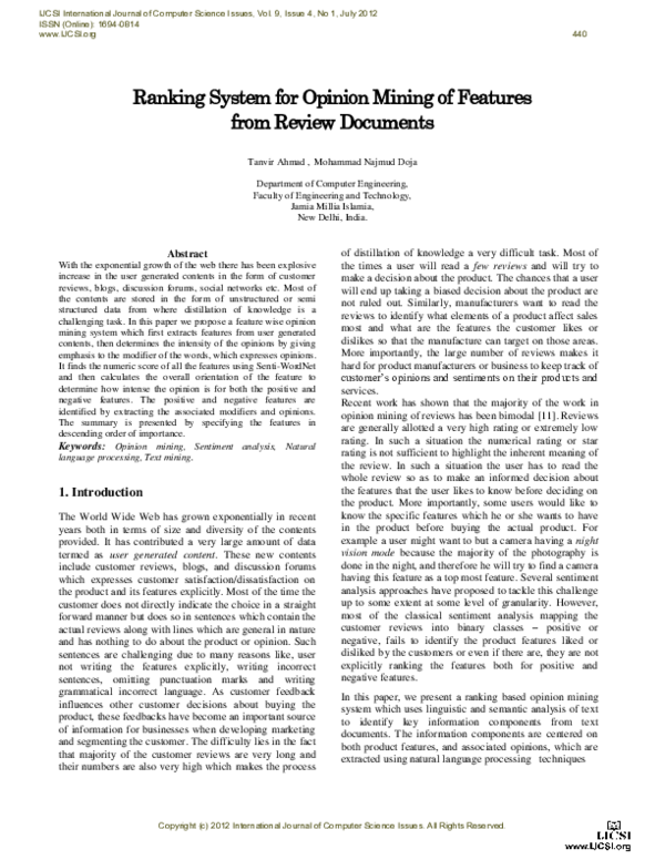 (PDF) Ranking System for Opinion Mining of Features from Review Documents