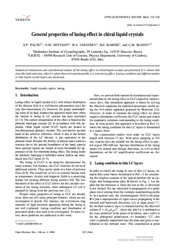 (PDF) General properties of lasing effect in chiral liquid crystals