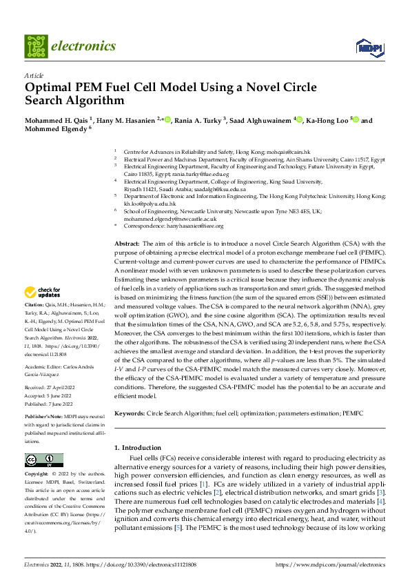 (PDF) Optimal PEM Fuel Cell Model Using a Novel Circle Search Algorithm