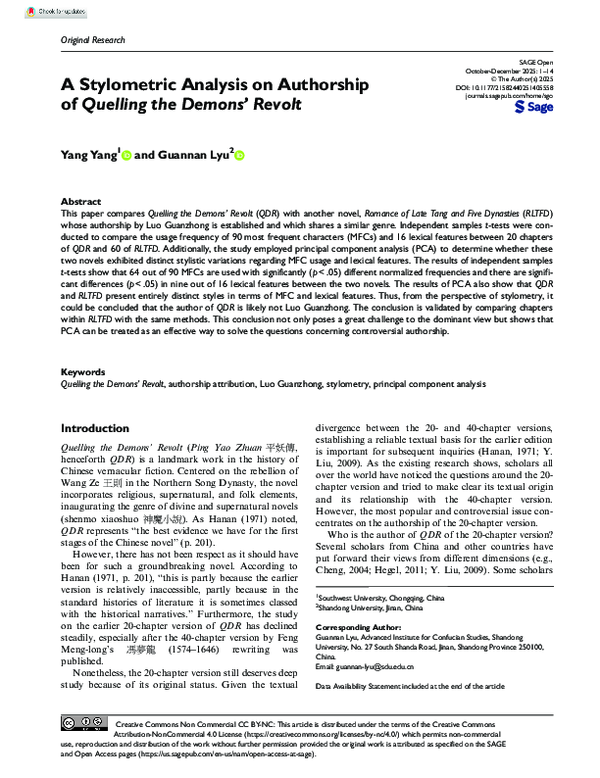 (PDF) A Stylometric Analysis on Authorship of Quelling the Demons' Revolt
