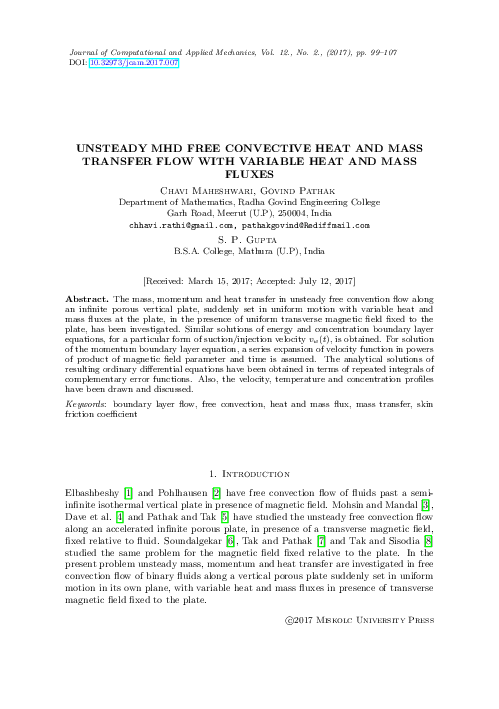 (PDF) Unsteady MHD free convective heat and mass transfer flow with ...