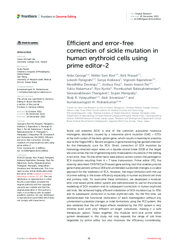 (PDF) Efficient and error-free correction of sickle mutation in human ...