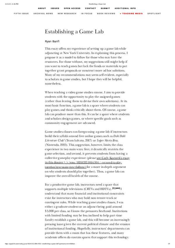 (PDF) Establishing a Game Lab