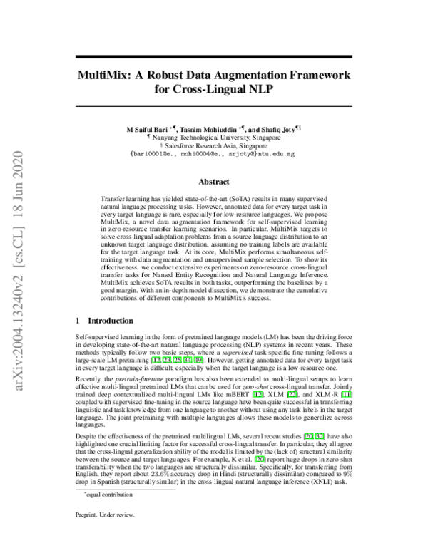 (PDF) MultiMix: A Robust Data Augmentation Framework for Cross-Lingual NLP
