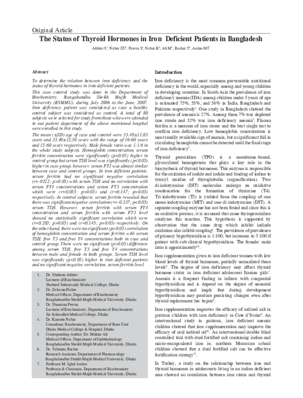 (PDF) The Status of Thyroid Hormones in Iron Deficient Patients in ...