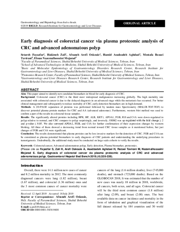 (PDF) Early diagnosis of colorectal cancer via plasma proteomic ...