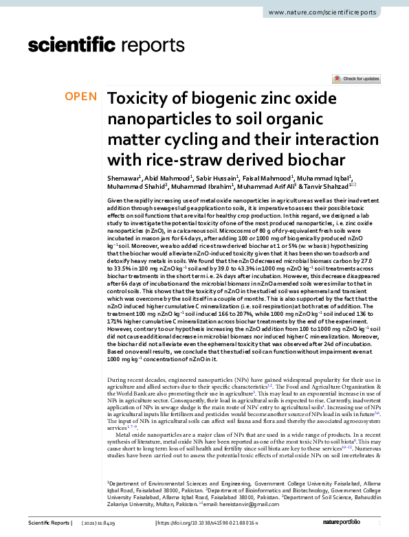 (PDF) Toxicity of biogenic zinc oxide nanoparticles to soil organic ...
